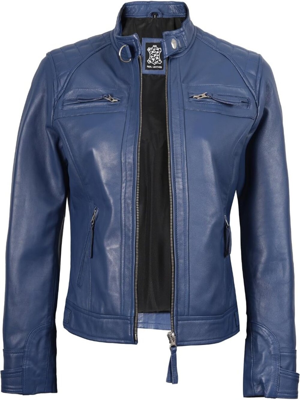 Women’s Blue Leather Cafe Racer Motorcycle Biker Jacket